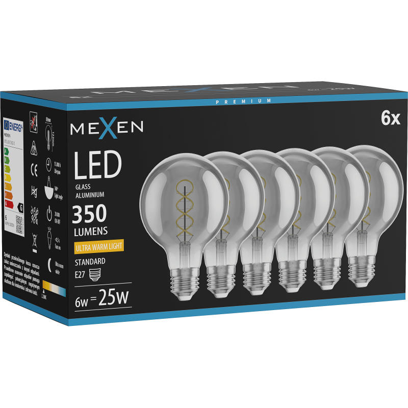 Mexen Vintis 6x LED Gijos Spiralės Lemputė E27, G80, 6W, Šilta - 2200K, 350 lm, dūmai - L165-E27-0622-70x06