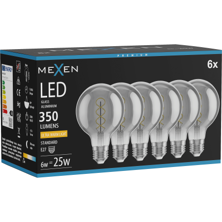 Mexen Vintis 6x LED Gijos Spiralės Lemputė E27, G80, 6W, Šilta - 2200K, 350 lm, dūmai - L165-E27-0622-70x06