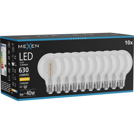 Mexen Vintis 10x LED siūlų sriegio lemputė E27, G80, 6W, Šilta - 2700K, 630 lm, skaidri - L165-E27-0627-00x10