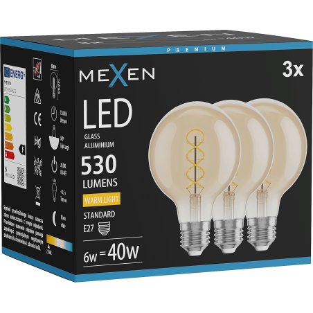 Mexen Vintis 3x LED gijų spiralės lemputė E27, G80, 6W, Šilta - 2700K, 530 lm, gintarinė - L165-E27-0627-50x03