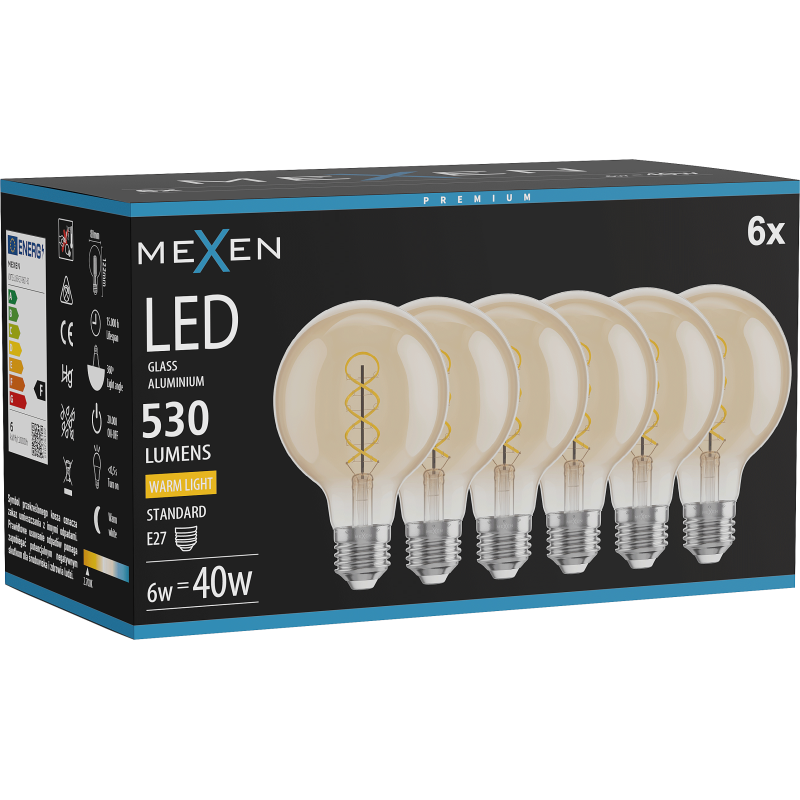 Mexen Vintis 6x LED lemputė su gijų spirale E27, G80, 6W, Šilta - 2700K, 530 lm, gintarinė - L165-E27-0627-50x06