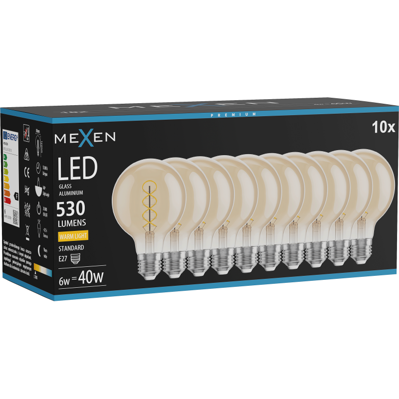 Mexen Vintis 10x LED spiralės gijų lemputė E27, G80, 6W, Šilta - 2700K, 530 lm, gintarinė - L165-E27-0627-50x10