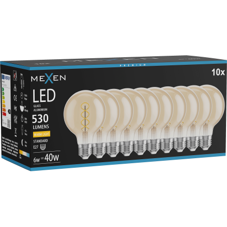 Mexen Vintis 10x LED spiralės gijų lemputė E27, G80, 6W, Šilta - 2700K, 530 lm, gintarinė - L165-E27-0627-50x10
