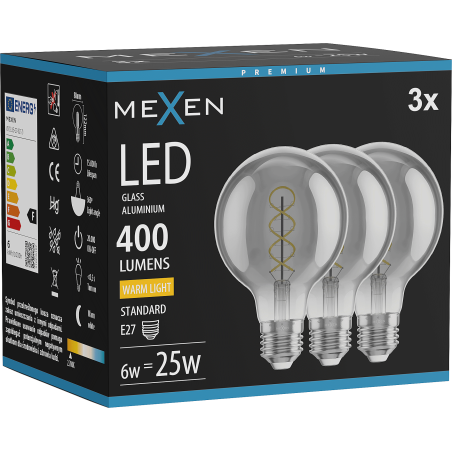 Mexen Vintis 3x Spiralinė LED lemputė E27, G80, 6W, Šilta - 2700K, 400 lm, dūmo - L165-E27-0627-70x03