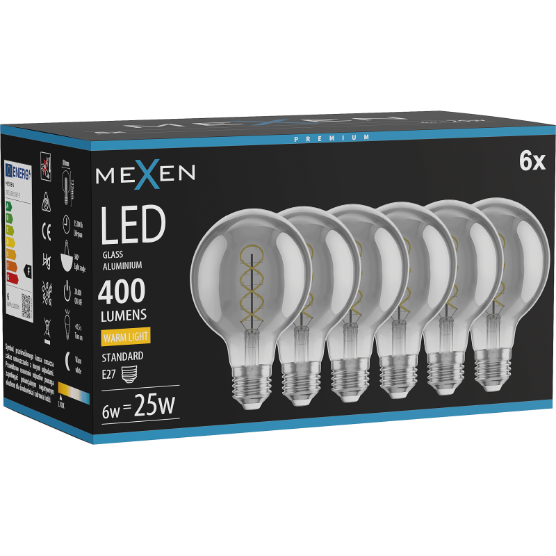 Mexen Vintis 6x lemputė filamentinė spiralinė LED E27, G80, 6W, Šilta - 2700K, 400 lm, rūkytas - L165-E27-0627-70x06