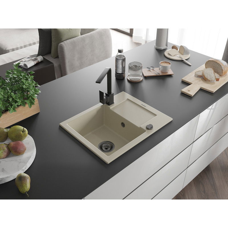 Mexen Enzo granito kriauklė su viena skyriumi ir nutekėjimu bei virtuviniu maišytuvu Rita, smėlio spalvos - 6506-69-670300-70