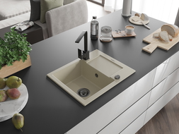 Mexen Enzo granito kriauklė su viena skyriumi ir nutekėjimu bei virtuviniu maišytuvu Rita, smėlio spalvos - 6506-69-670300-70