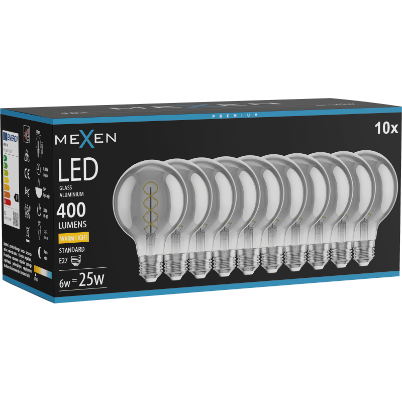 Mexen Vintis 10x LED sriegio spiralės lemputė E27, G80, 6W, Šilta - 2700K, 400 lm, dūminė - L165-E27-0627-70x10