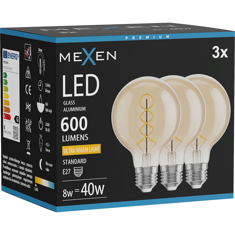 Mexen Vintis 3x LED spiralės kaitrinė lemputė E27, G80, 8W, Šilta - 2200K, 600 lm, gintaro - L165-E27-0822-50x03