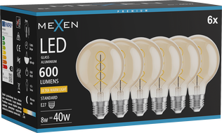 Mexen Vintis 6x LED spiralė filamentinė lemputė E27, G80, 8W, Šilta - 2200K, 600 lm, gintarinė - L165-E27-0822-50x06