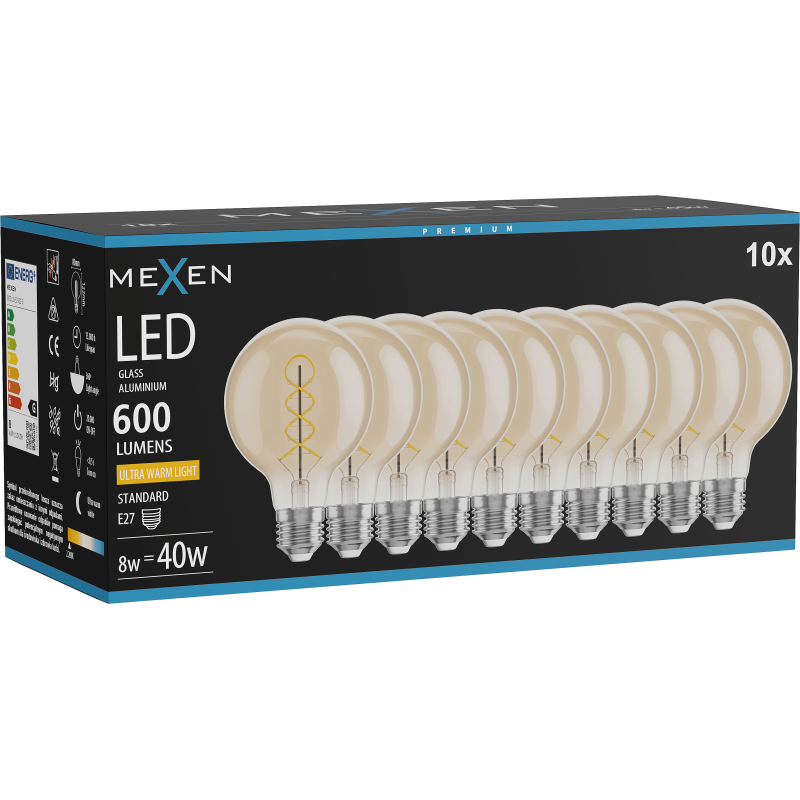 Mexen Vintis 10x LED spiralinė kaitinimo lempa E27, G80, 8W, Šilta - 2200K, 600 lm, gintarinė - L165-E27-0822-50x10