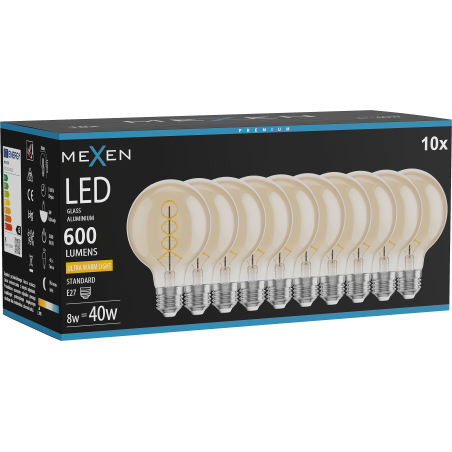 Mexen Vintis 10x LED spiralinė kaitinimo lempa E27, G80, 8W, Šilta - 2200K, 600 lm, gintarinė - L165-E27-0822-50x10