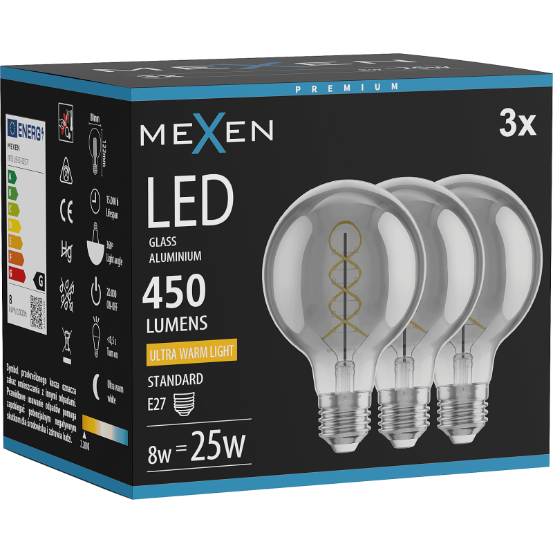 Mexen Vintis 3x LED siūlinė spiralinė lemputė E27, G80, 8W, Šilta - 2200K, 450 lm, dūminė - L165-E27-0822-70x03