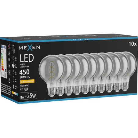 Mexen Vintis 10x Spiralės formos LED siūlelio lemputė E27, G80, 8W, Šilta - 2200K, 450 lm, dūmo spalvos