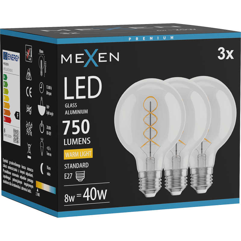 Mexen Vintis 3x Lemputė gijų spiralės LED E27, G80, 8W, Šilta - 2700K, 750 lm, skaidri - L165-E27-0827-00x03
