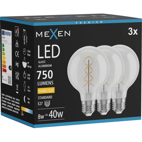 Mexen Vintis 3x Lemputė gijų spiralės LED E27, G80, 8W, Šilta - 2700K, 750 lm, skaidri - L165-E27-0827-00x03