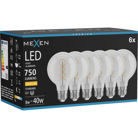 Mexen Vintis 6x Kaitinamoji spiralės LED lemputė E27, G80, 8W, Šilta - 2700K, 750 lm, skaidri - L165-E27-0827-00x06