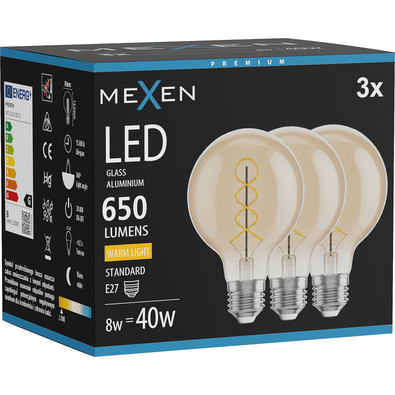Mexen Vintis 3x LED gijų kaitinamoji lempa spiralė E27, G80, 8W, Šilta - 2700K, 650 lm, gintarinė - L165-E27-0827-50x03