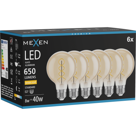 Mexen Vintis 6x LED spiralės siūlų lemputė E27, G80, 8W, Šilta - 2700K, 650 lm, gintarinė - L165-E27-0827-50x06
