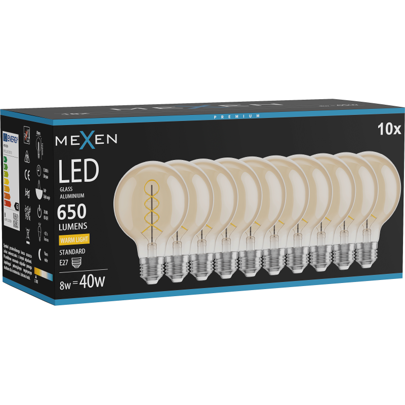 Mexen Vintis 10x LED siūlo spiralės lemputė E27, G80, 8W, Šilta - 2700K, 650 lm, gintarinė - L165-E27-0827-50x10