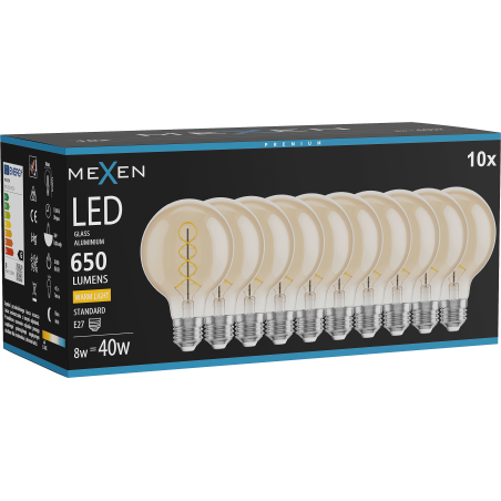 Mexen Vintis 10x LED siūlo spiralės lemputė E27, G80, 8W, Šilta - 2700K, 650 lm, gintarinė - L165-E27-0827-50x10