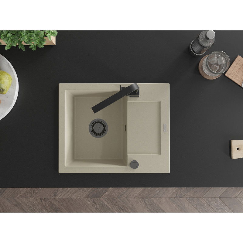 Mexen Enzo granito kriauklė su viena skyriumi ir nutekėjimu bei virtuviniu maišytuvu Rita, smėlio spalvos - 6506-69-670300-70