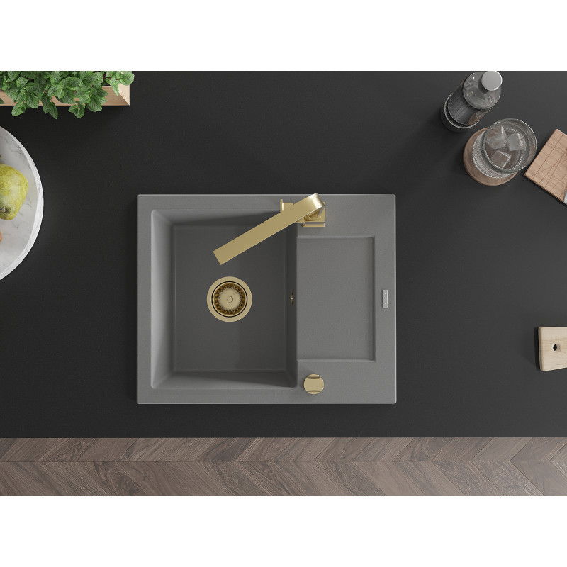 Mexen Enzo granitinis vienos kameros kriauklė su nusausintuvu ir virtuviniu maišytuvu Rita, pilka - 6506-71-670300-50