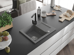 Mexen Enzo vienos komoros granitinė kriauklė su drenažu ir virtuves maišytuvu Rita, pilka - 6506-71-670300-70