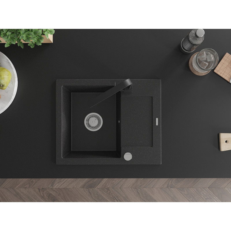 Mexen Enzo granitinė vienos kameros kriauklė su sausinimo lentyna ir virtuviniu maišytuvu Rita, juoda/sidabrinė metalika