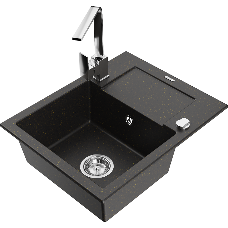 Mexen Enzo vienos kameros granito plautuvė su nutekamuoju padėklu ir virtuviniu maišytuvu Rita, juodas/auksinis metalikas