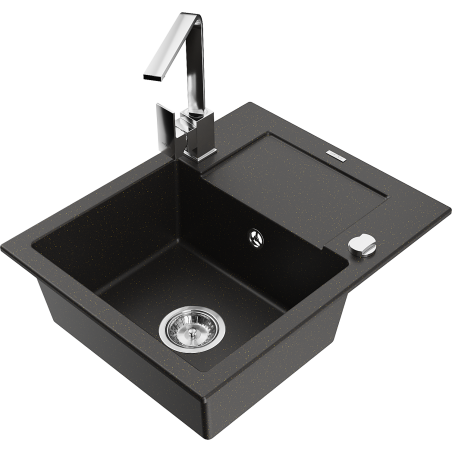 Mexen Enzo vienos kameros granito plautuvė su nutekamuoju padėklu ir virtuviniu maišytuvu Rita, juodas/auksinis metalikas