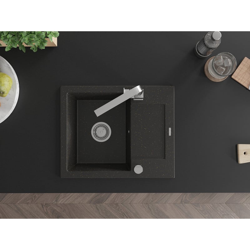 Mexen Enzo vienos kameros granito plautuvė su nutekamuoju padėklu ir virtuviniu maišytuvu Rita, juodas/auksinis metalikas