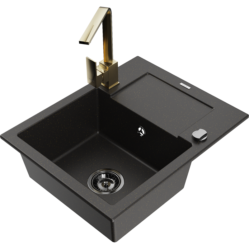 Mexen Enzo Granitinė vienos sekcijos plautuvė su nusausintuvu ir virtuviniu maišytuvu Rita, juoda/aukso spalvos metalikas