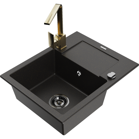 Mexen Enzo Granitinė vienos sekcijos plautuvė su nusausintuvu ir virtuviniu maišytuvu Rita, juoda/aukso spalvos metalikas