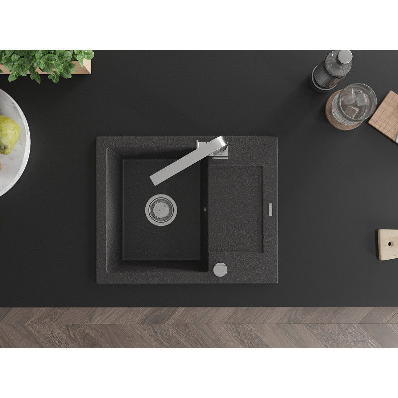 Mexen Enzo granitinė vienos sekcijos plautuvė su nusausinimo zona ir virtuviniu maišytuvu Rita, juodos spalvos su taškeliais