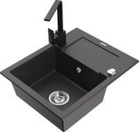 Mexen Enzo granitinė vienos kameros plautuvė su nusausinimo briauna ir virtuvės maišytuvu Rita, juodas dėmėtas