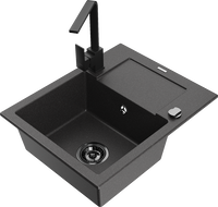 Mexen Enzo granitinė vienos kameros virtuvės kriauklė su nusausintoju ir virtuviniu maišytuvu Rita, juoda su dėmėmis