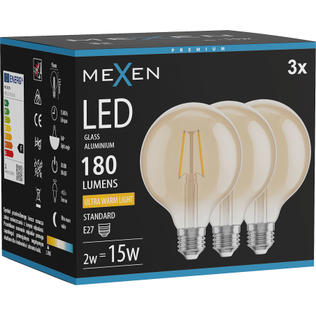 Mexen Vintis 3x LED filamento lemputė E27, G95, 2W, Šilta - 2200K, 180 lm, gintarinė - L157-E27-0222-50x03