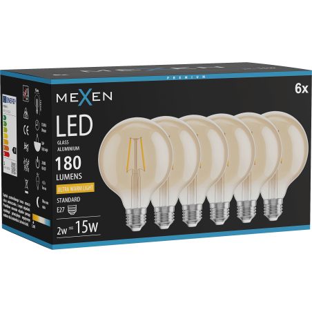 Mexen Vintis 6x LED kaitrinė lemputė E27, G95, 2W, Šilta - 2200K, 180 lm, gintarinė - L157-E27-0222-50x06