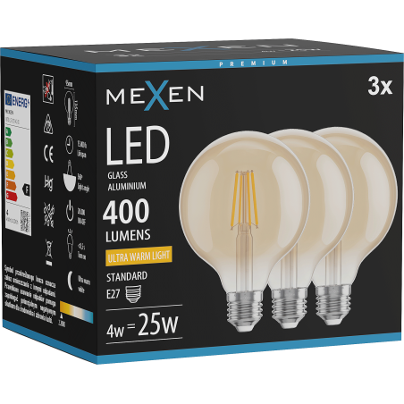 Mexen Vintis 3x LED siūlelis E27 lemputė, G95, 4W, Šilta - 2200K, 400 lm, gintarinė - L157-E27-0422-50x03