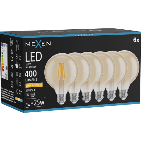 Mexen Vintis 6x LED siūlo lemputė E27, G95, 4 W, šilta - 2200 K, 400 lm, gintarinė - L157-E27-0422-50x06