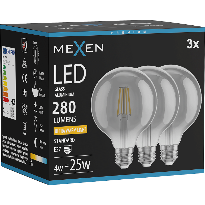 Mexen Vintis 3x LED gijų lemputė E27, G95, 4W, Šilta - 2200K, 280 lm, dūminė - L157-E27-0422-70x03