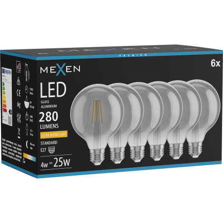 Mexen Vintis 6x siūlo formos LED lemputė E27, G95, 4W, Šilta - 2200K, 280 lm, dūminė - L157-E27-0422-70x06