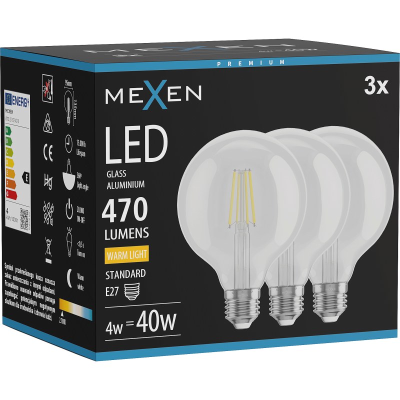 Mexen Vintis 3x LED filamentinė lemputė E27, G95, 4W, Šilta - 2700K, 470 lm, skaidri - L157-E27-0427-00x03