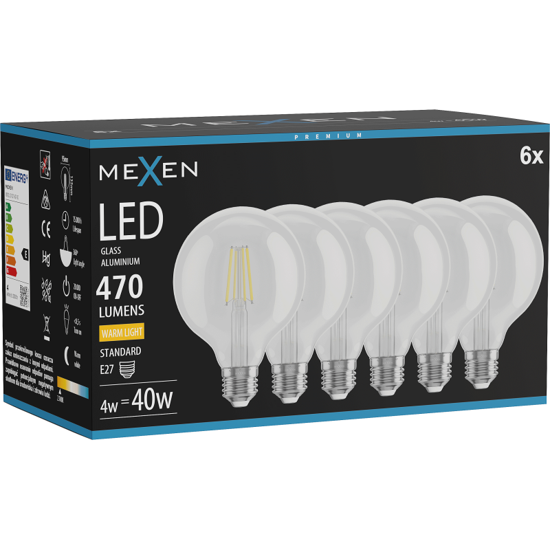Mexen Vintis 6x LED E27 siūlo lemputė, G95, 4W, Šilta - 2700K, 470 lm, skaidri - L157-E27-0427-00x06