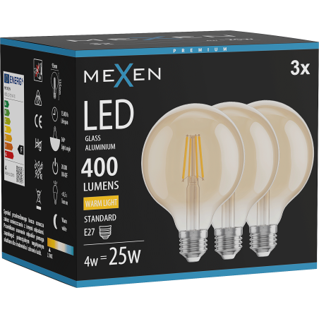 Mexen Vintis 3x LED E27, G95, 4W kaitinamoji lemputė, Šilta - 2700K, 400 lm, gintarinė - L157-E27-0427-50x03