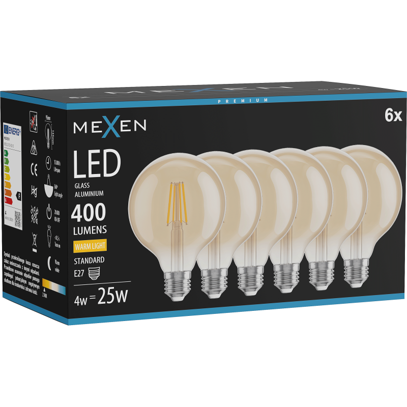Mexen Vintis 6x LED siūlinė lemputė E27, G95, 4W, Šilta - 2700K, 400 lm, ambra - L157-E27-0427-50x06