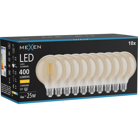 Mexen Vintis 10x LED E27 filamento lemputė, G95, 4W, Šilta - 2700K, 400 lm, gintarinė - L157-E27-0427-50x10