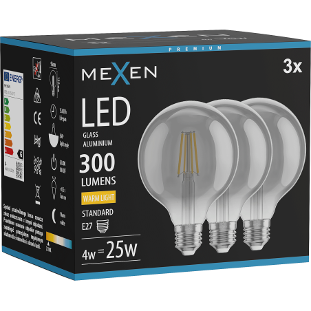 Mexen Vintis 3x LED filamentinė lemputė E27, G95, 4W, Šilta - 2700K, 300 lm, dūmų spalva - L157-E27-0427-70x03