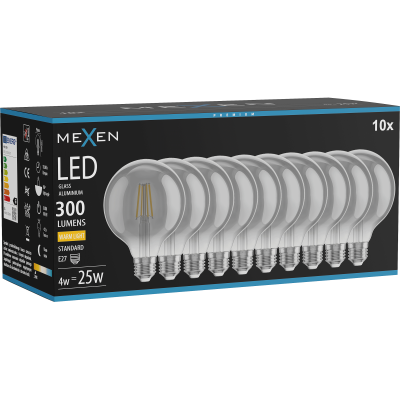 Mexen Vintis 10x LED siūlelio lemputė E27, G95, 4W, Šilta - 2700K, 300 lm, dūminė - L157-E27-0427-70x10
